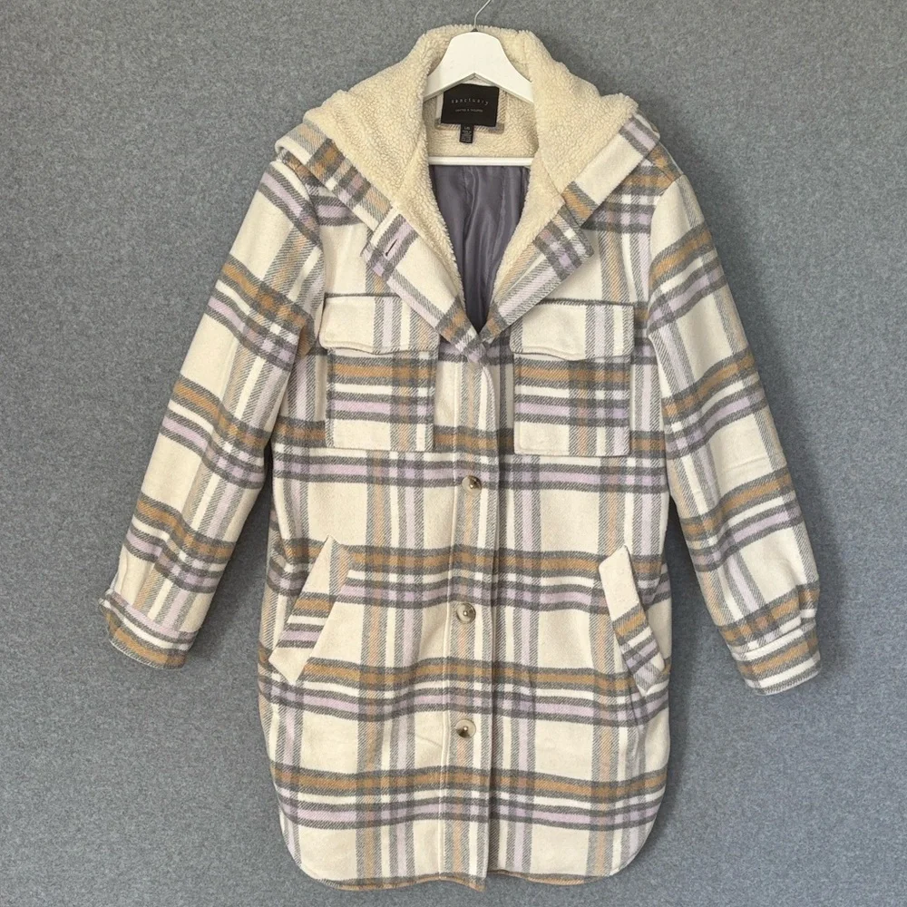 Anthropologie Hooded Plaid High Pile Fleece Lined Shirt Jacket L - Picture 2 of 12